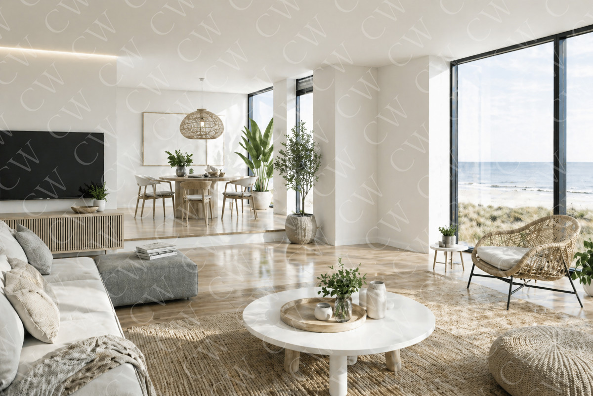 Helles Wohnzimmer mit großen Fenstern, Naturholzmöbeln und Blick aufs Meer