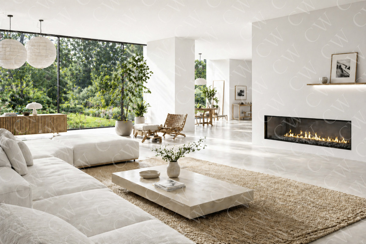 Helles Wohnzimmer mit großen Fenstern, Kamin, weißen Möbeln und Naturdeko