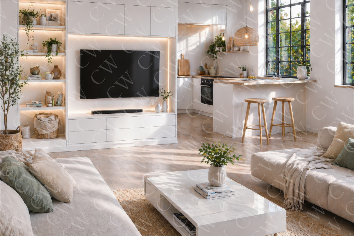 Helles Wohnzimmer mit gemütlichem Sofa, TV-Wand, Couchtisch und offener Küche mit Bartresen.