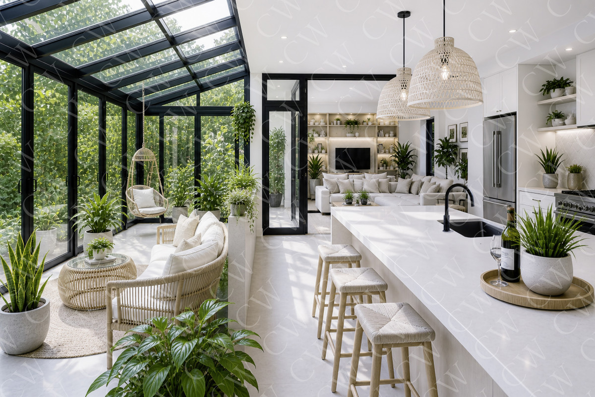 Helles Wohnzimmer mit Wintergarten, moderner Küche und vielen Pflanzen, gemütlich eingerichtet.