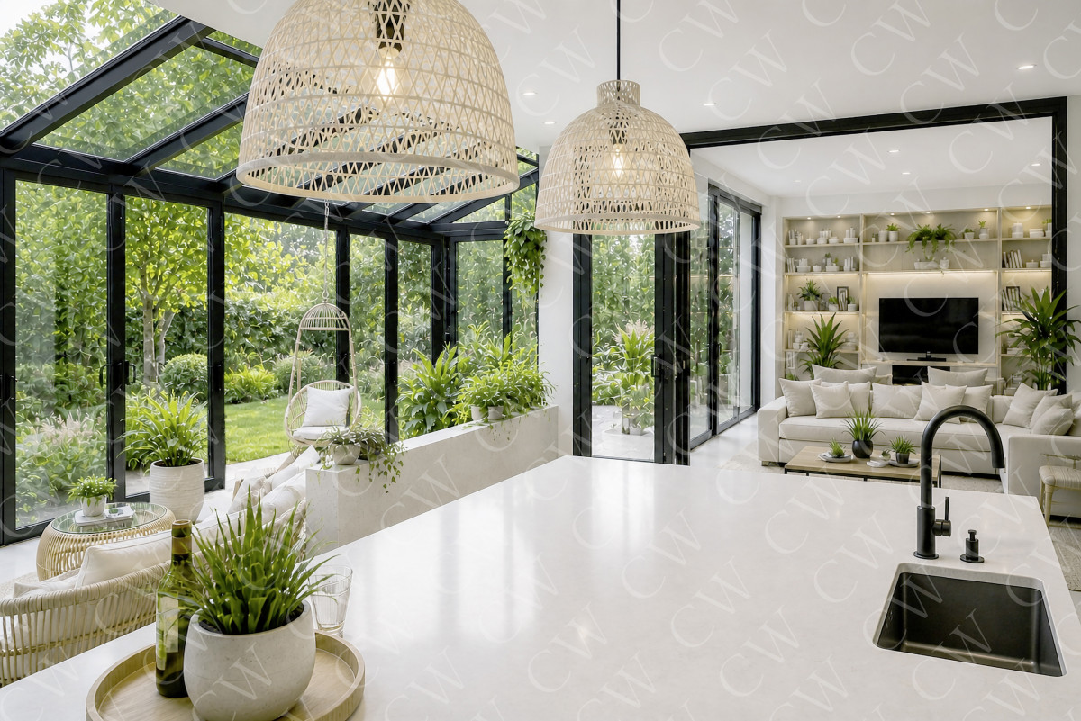 Helles Wohnzimmer mit Wintergarten, modernen Möbeln und großen Glasfronten mit Blick ins Grüne.