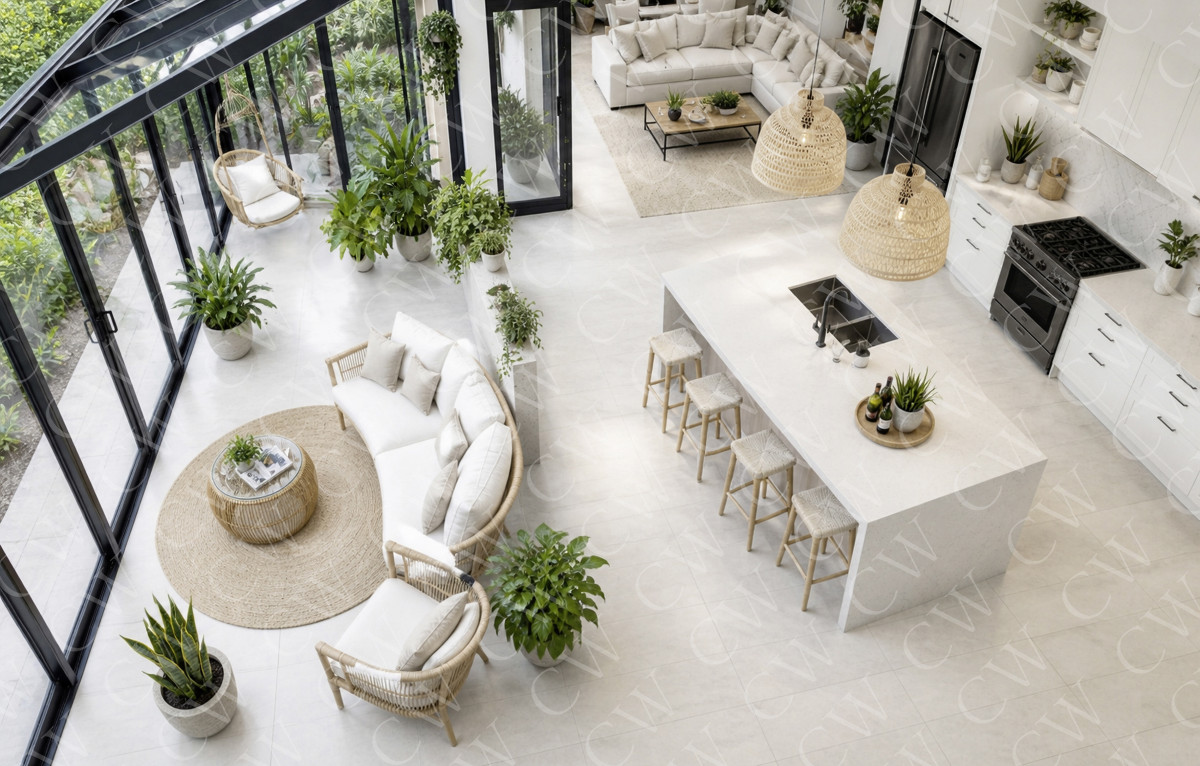 Geräumiges, helles Wohnzimmer mit offener Küche, Wintergarten und vielen Pflanzen.