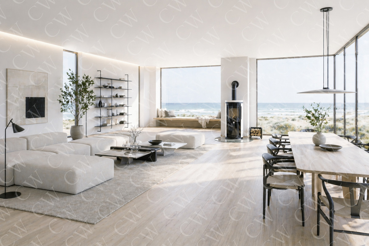 Helles, modernes Wohnzimmer mit Kamin, Essbereich und Panoramablick auf das Meer.