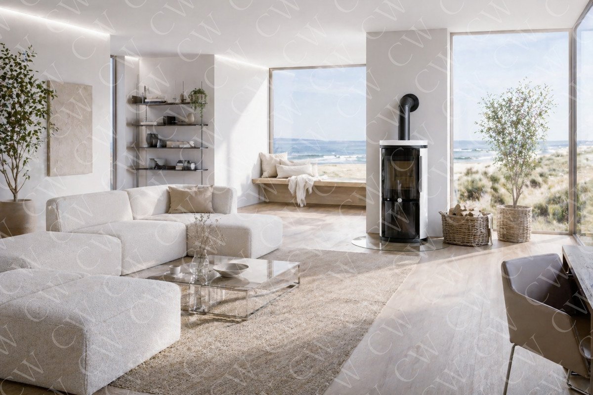 Lichtdurchflutetes Wohnzimmer mit Kamin, hellem Sofa, Glas-Couchtisch und Meerblick.