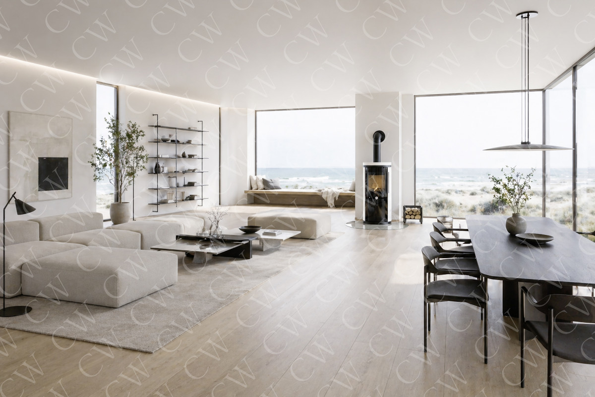 Großzügiges, modernes Wohnzimmer mit Kamin, Essbereich und Ausblick aufs Meer