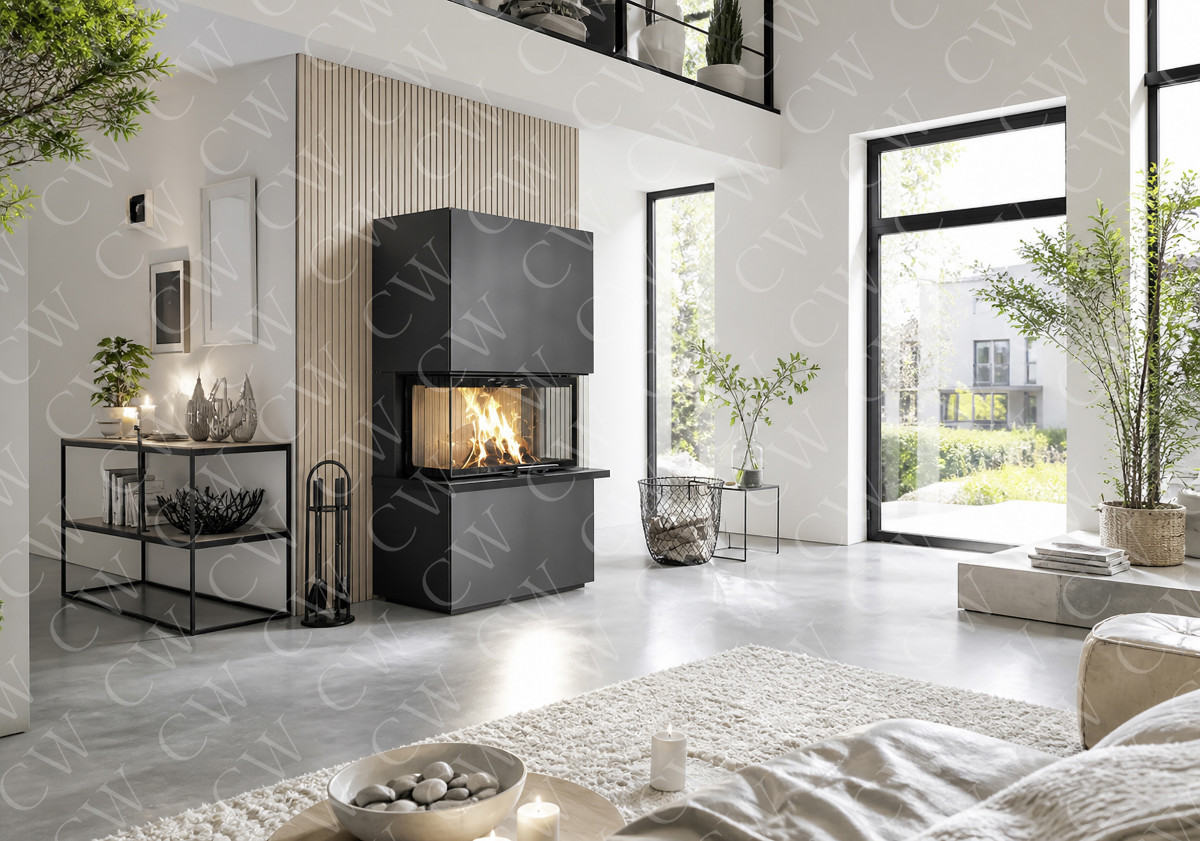 Helles, modernes Wohnzimmer mit schwarzem Kamin, großen Fenstern und stilvoller Einrichtung.