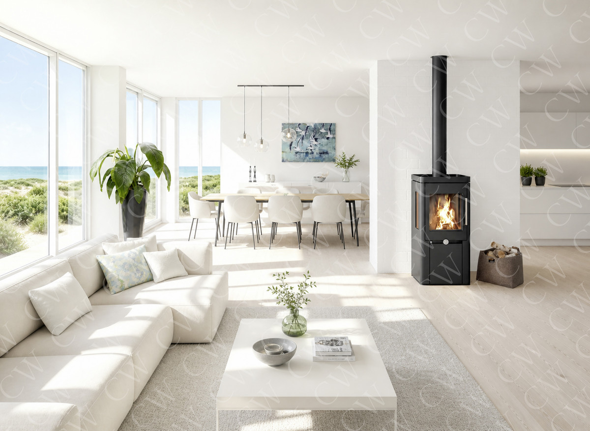 Helles Wohnzimmer mit Kamin, großen Fenstern und Ausblick auf das Meer.