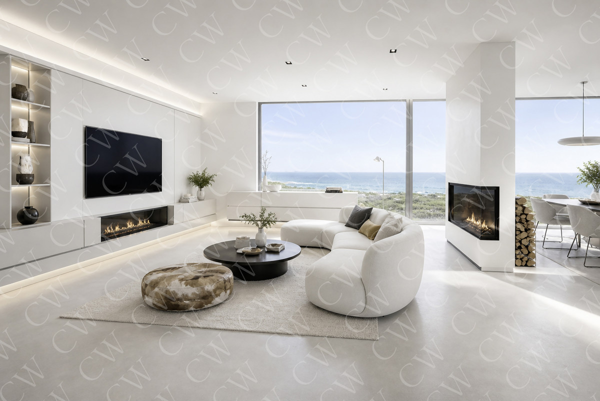 Helles Wohnzimmer mit Sofa, Kamin, großem Fenster und Meerblick im modernen Design