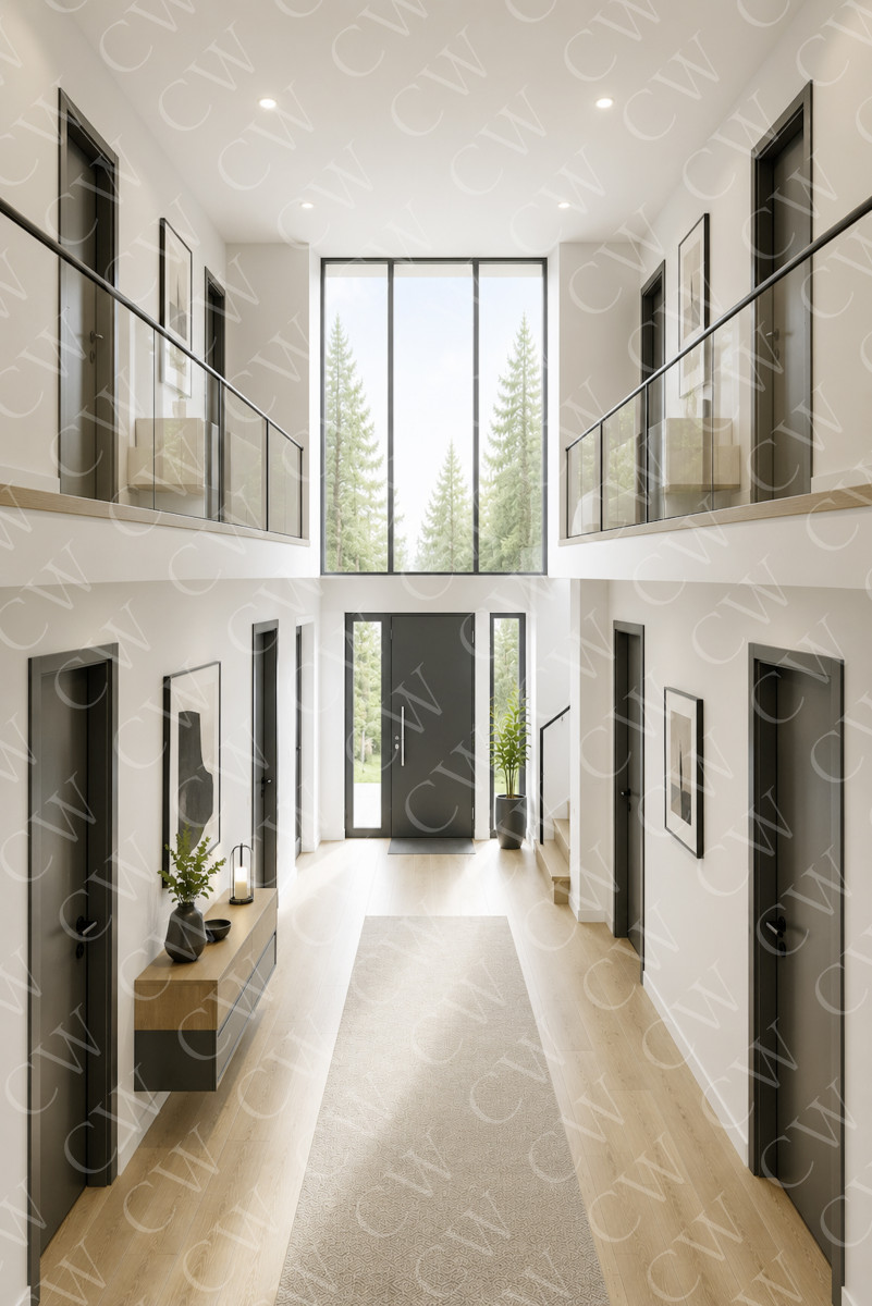 Moderner Eingangsbereich mit hohen Decken, großen Fenstern und minimalistischer Einrichtung.