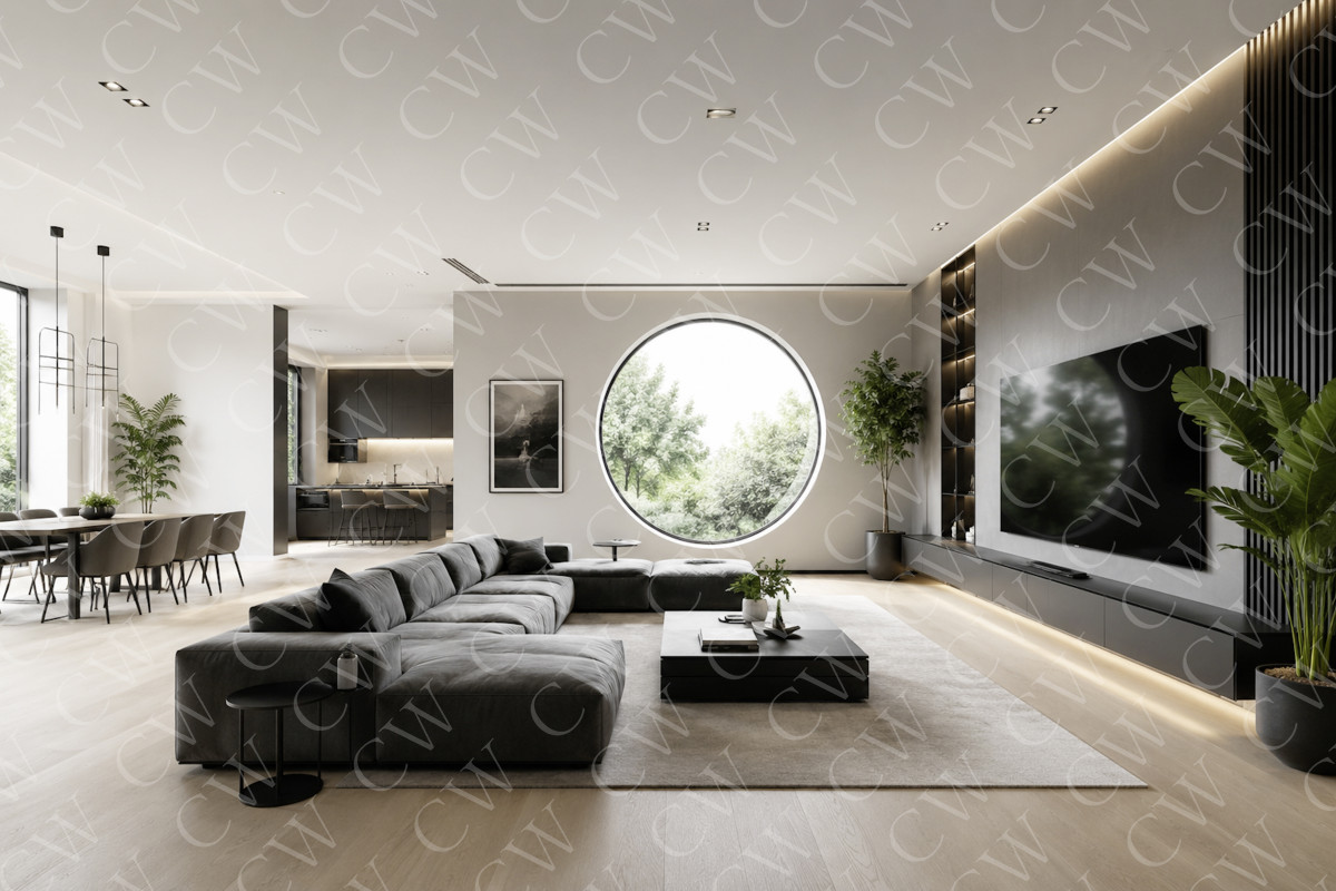 Großzügiges, modernes Wohnzimmer mit runder Fensterfront, grauem Sofa, TV und Pflanzen.