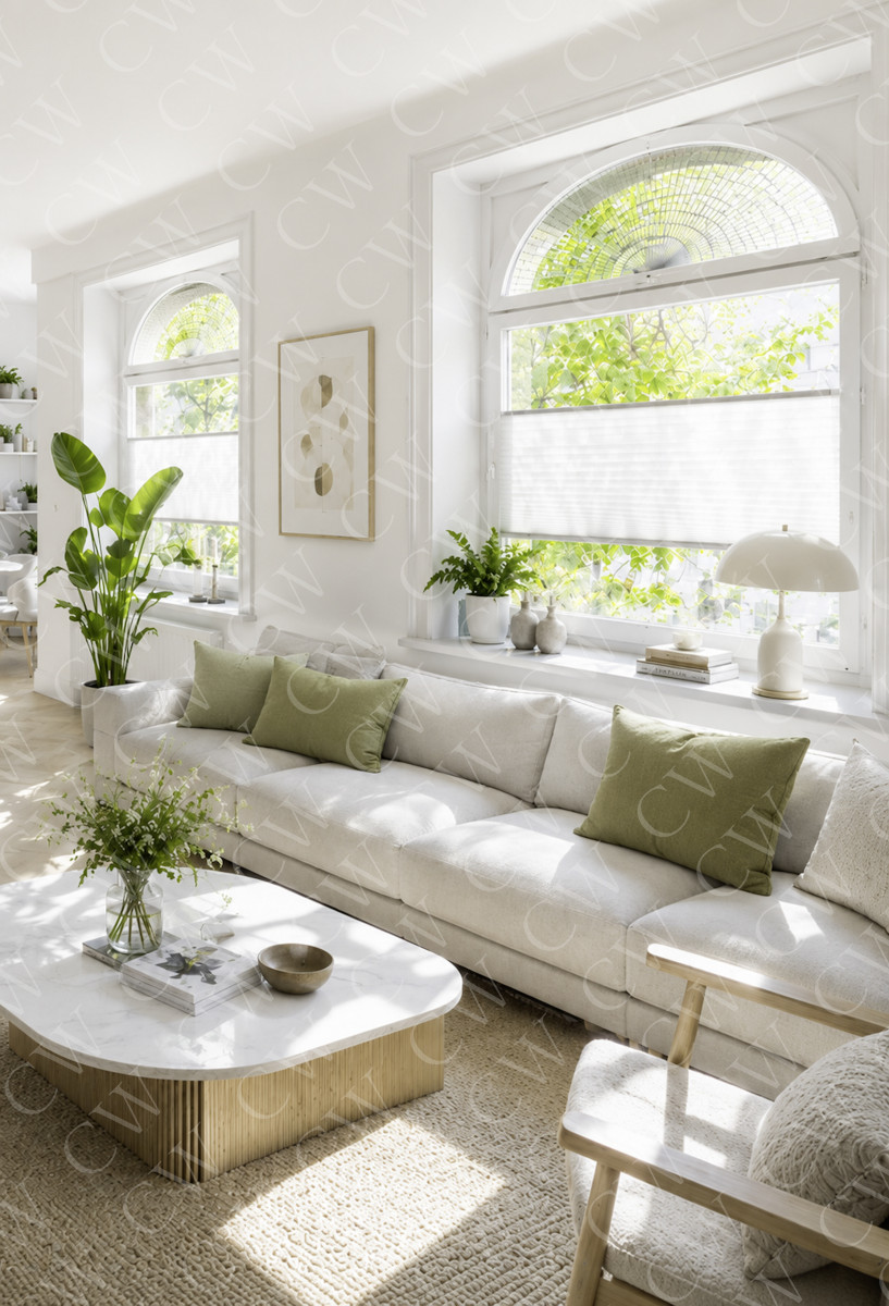 Modernes Wohnzimmer mit großen Bogenfenstern, beiger Couch, grünen Kissen und Zimmerpflanzen im Tageslicht.