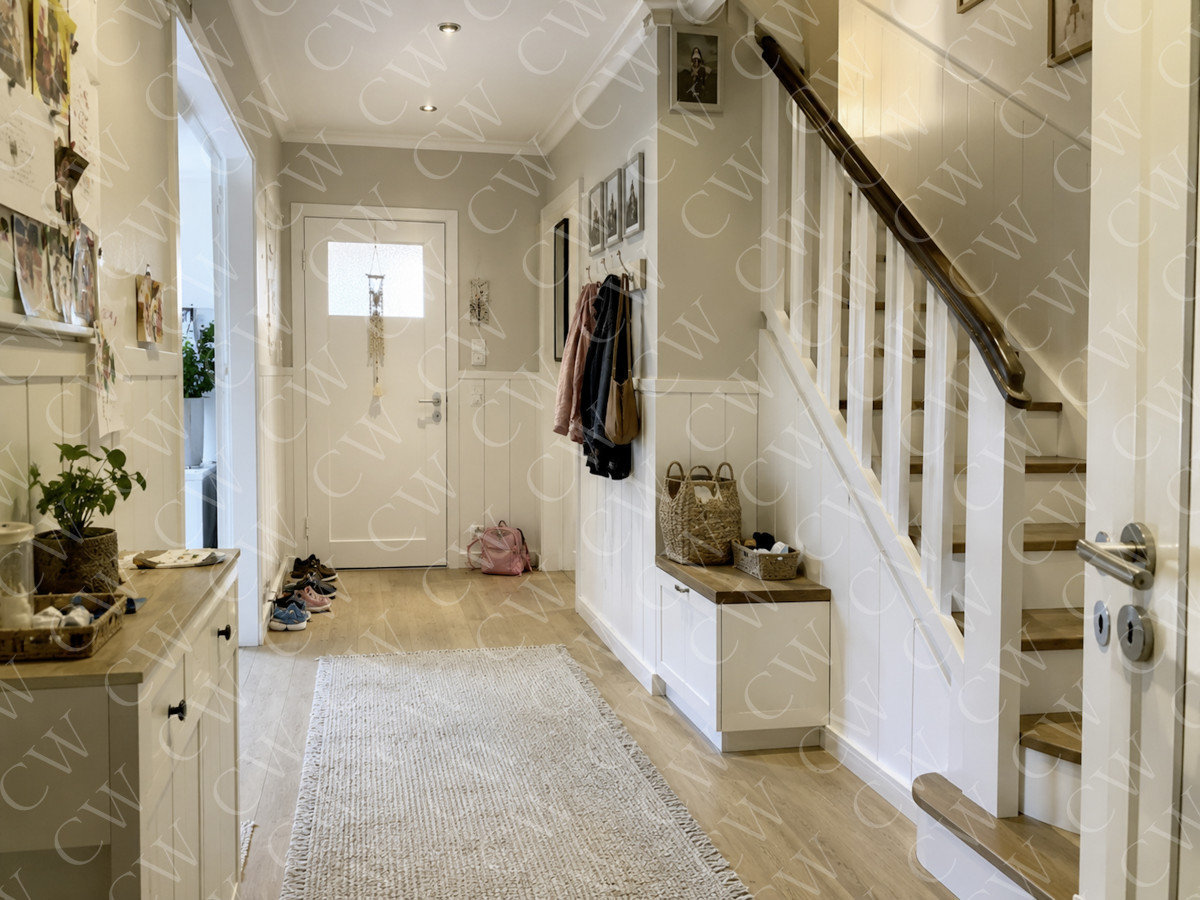Moderner, heller Hausflur mit Treppe, Garderobe und Dekorationen