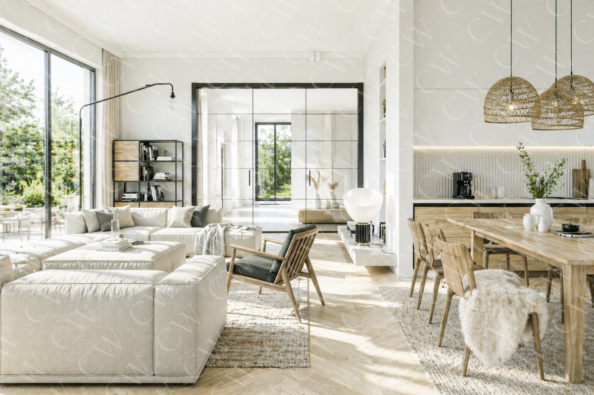 Modernes, helles Wohnzimmer mit offener Küche, großen Fenstern und Holzmöbeln im skandinavischen Design.