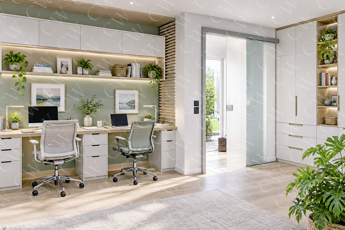 Helles, modernes Home-Office mit zwei Schreibtischen, Bürostühlen, Regalen und Pflanzen.