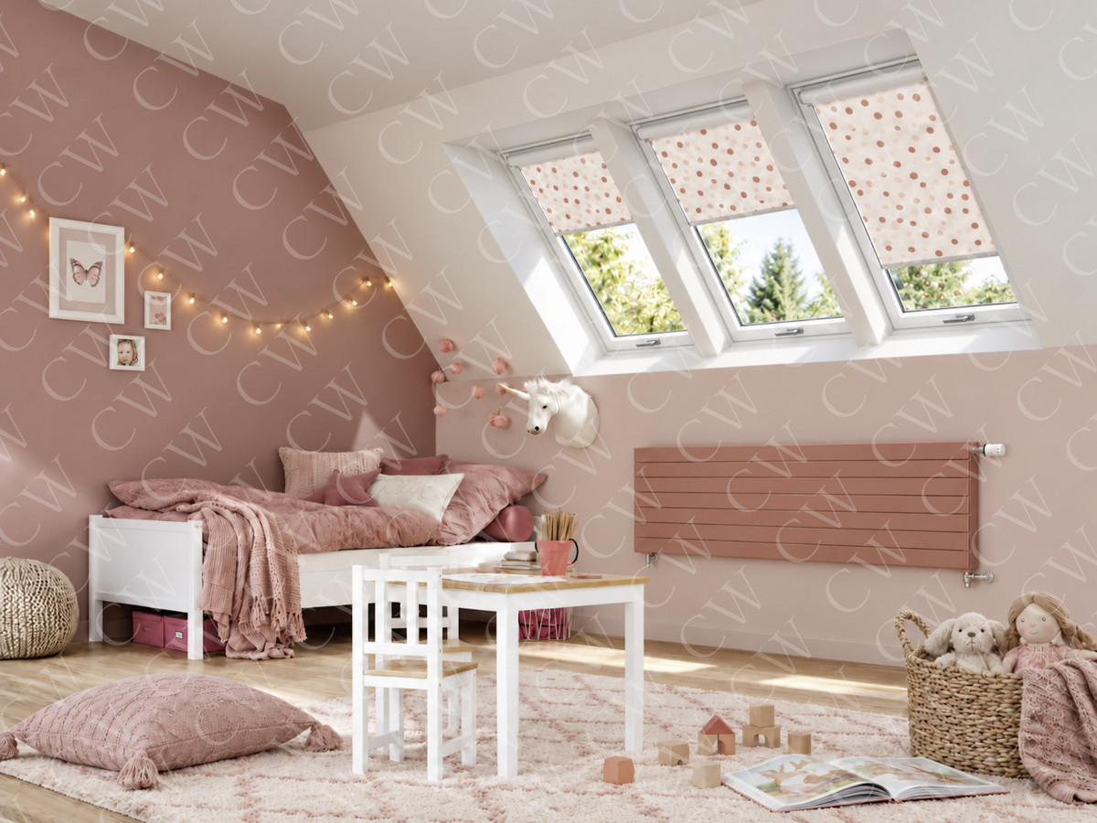 Gemütliches Kinderzimmer mit Dachschräge, rosafarbenen Möbeln, Dachfenstern und Spielbereich.
