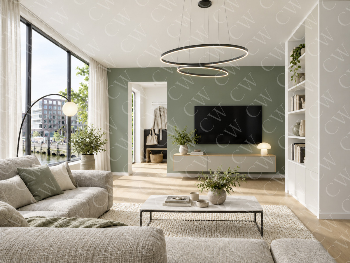 Helles, modernes Wohnzimmer mit großen Fenstern, grün gestrichener Wand und gemütlichem Sofa.