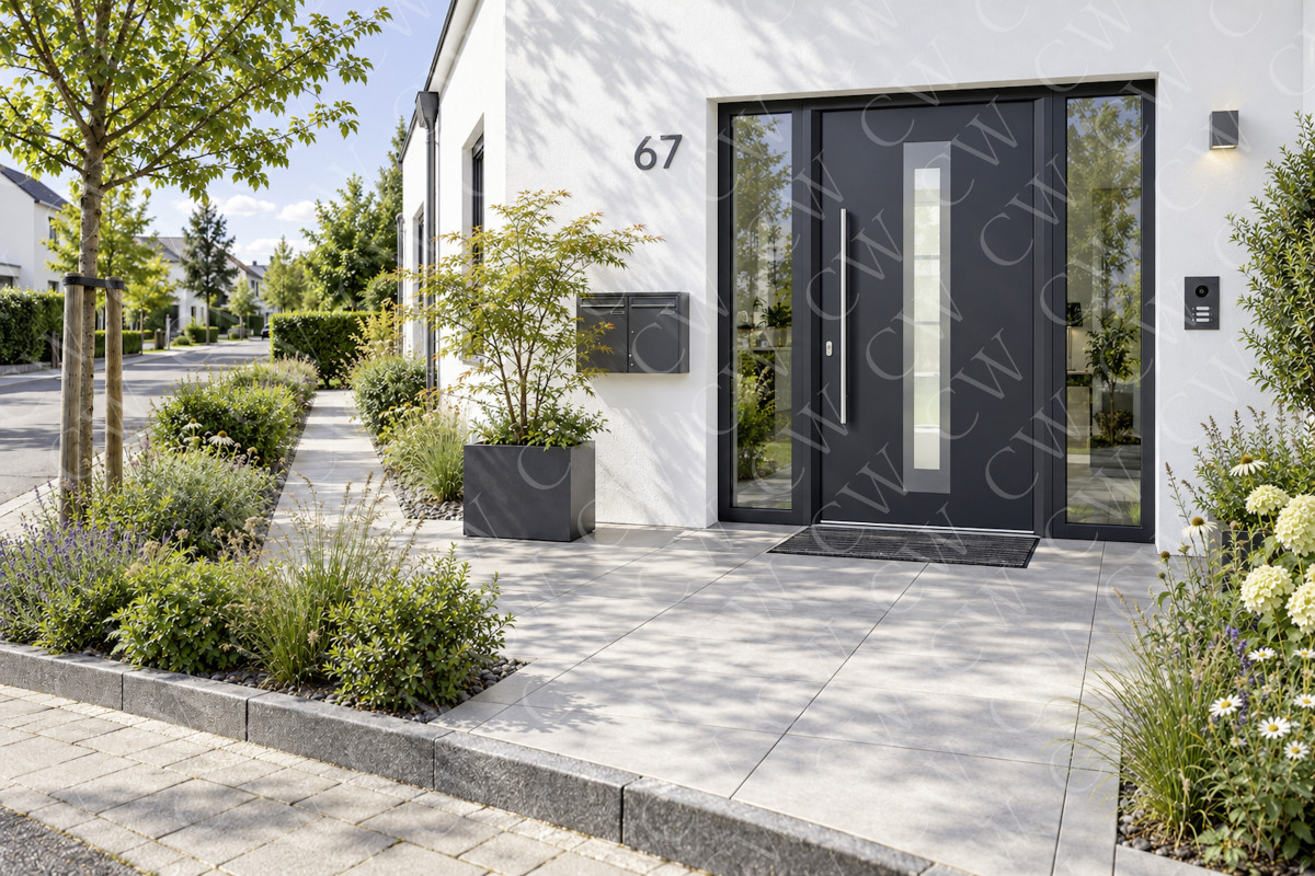Eingangsbereich eines modernen Hauses mit dunkler Haustür, Pflanzen und Vorgarten.