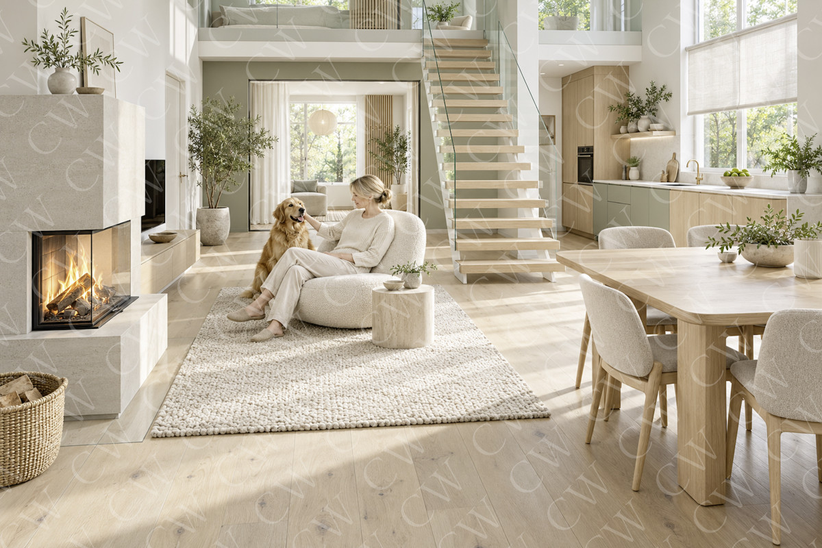 Lichtdurchflutetes Wohnzimmer mit Kamin, Holzmöbeln und einer Frau mit Hund