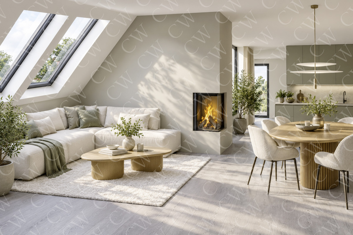 Helles Wohnzimmer mit Ecksofa, Kamin, rundem Esstisch und offener Küche im modernen Design.