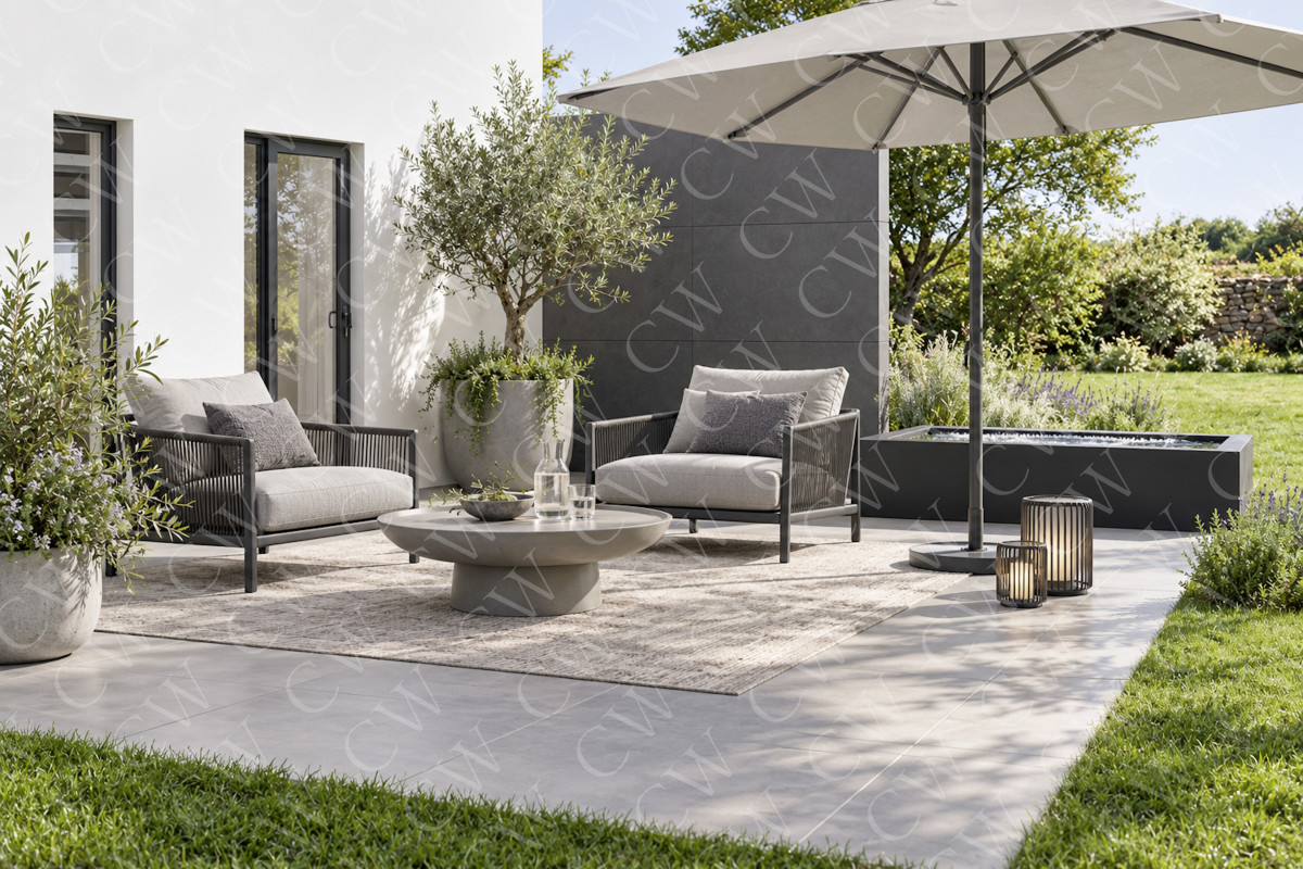 Moderne Terrasse mit stilvollen Lounge-Möbeln, Sonnenschirm und Pflanzen.