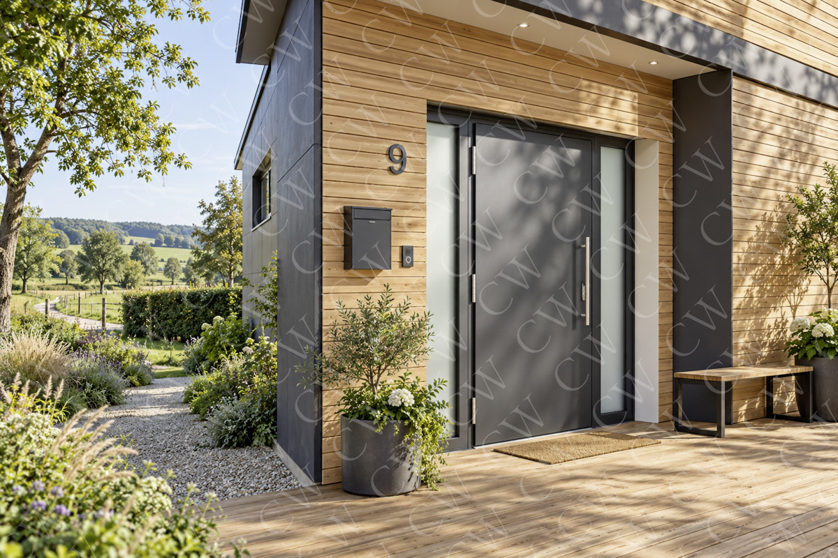 Moderne graue Haustür in Holzfassade mit Vorgarten und Bank, sonnig