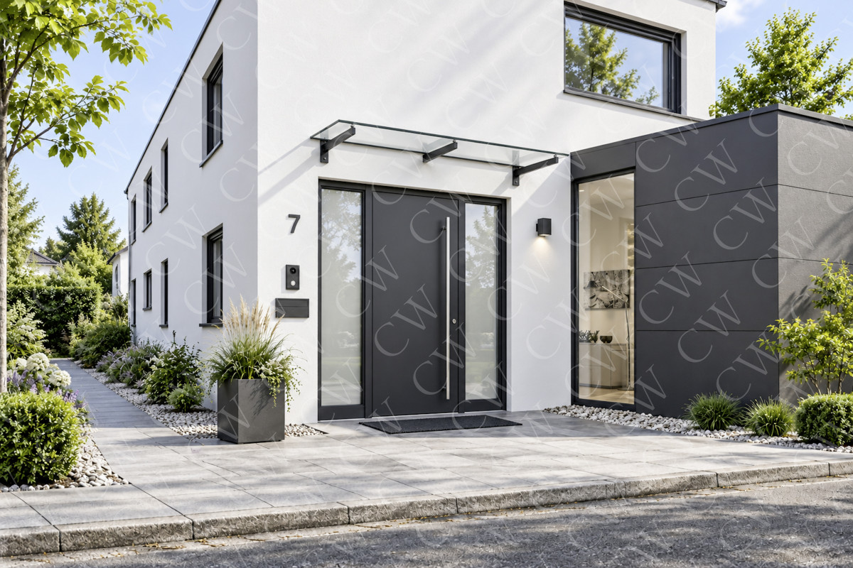 Moderne schwarze Haustür mit Glasvordach und seitlichem Eingangsbereich an einem weißen Haus