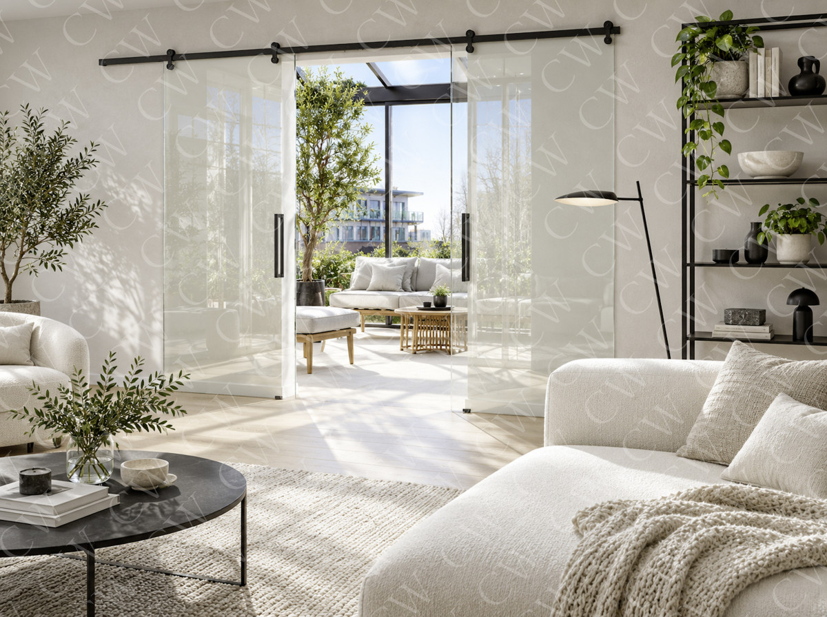 Helles Wohnzimmer mit gemütlichen Möbeln und großen Glasschiebewänden zur Terrasse.