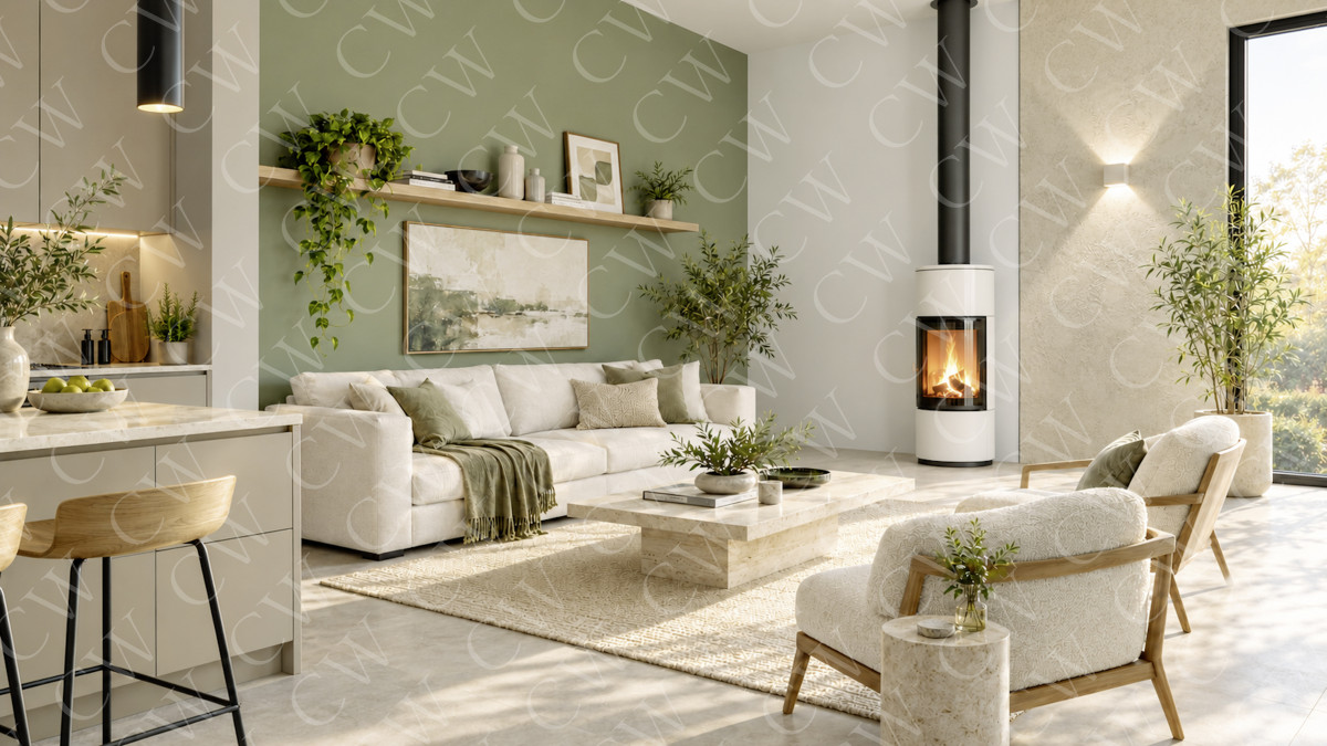 Hell eingerichtetes Wohnzimmer mit Sofa, Kamin, Pflanzen und moderner Deko